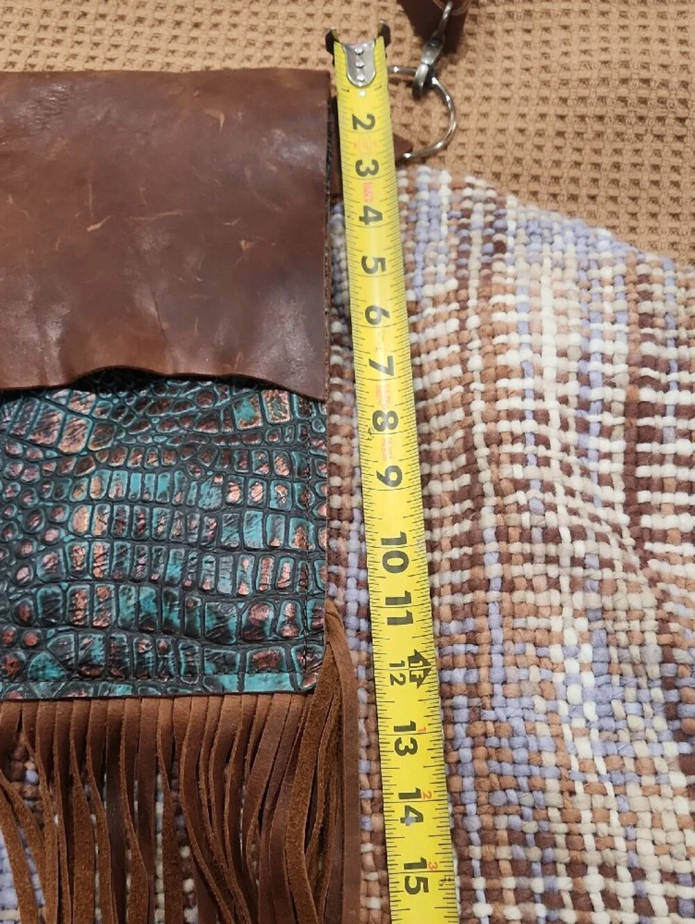 Brown Leather Fringe Crossbody Bag with Teal Croc Accent
